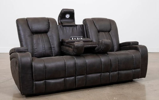 A gray Home Theater glider recliner sofa with power plug, featuring recliners on each end, storage armrests, cup holders, and a hidden drop-down table.
