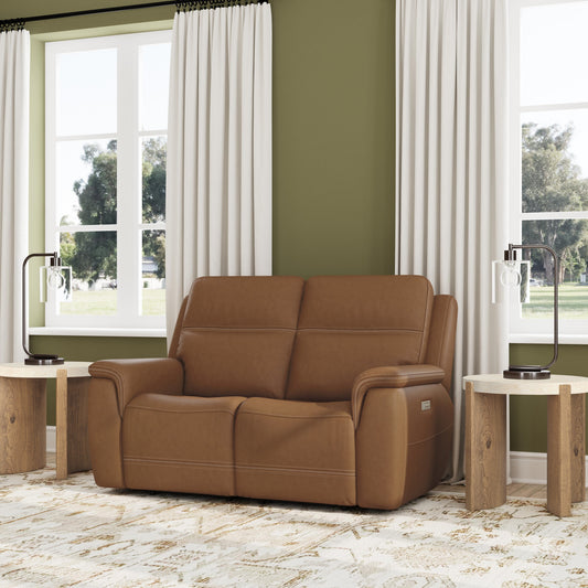 Flexsteel Sawyer Leather Power Reclining Loveseat w/ Pwr Headrests, Lumbar