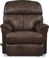 A brown leather recliner with padded arms and a chaise seat, designed for petite scale, reclining fully with its legrest engaged.