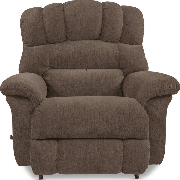 A brown upholstered Randell Recliner chair with a high back, wide arms, and a wooden base.