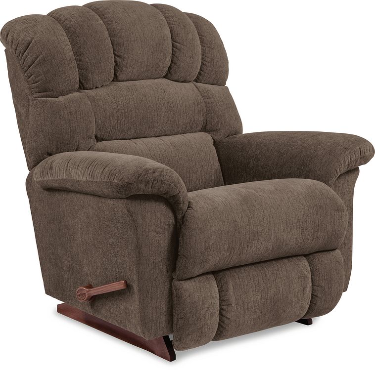 A brown upholstered Randell Recliner chair with a high back, wide arms, and a wooden base.