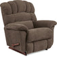 A brown upholstered Randell Recliner chair with a high back, wide arms, and a wooden base.