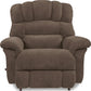 A brown upholstered Randell Recliner chair with a high back, wide arms, and a wooden base.