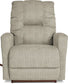 A beige power recliner with a chaise seat and legrest, showing the chair in a reclined position.