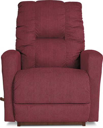 A burgundy power recliner with a chaise seat and legrest, showing the chair in a reclined position