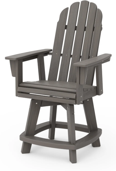 A driftwood Adirondack-style counter and swivel chair with  arms designed for outdoor use.