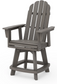 A driftwood Adirondack-style counter and swivel chair with  arms designed for outdoor use.