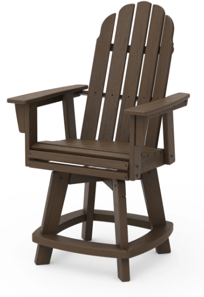 A kona Adirondack-style counter and swivel chair with  arms designed for outdoor use.