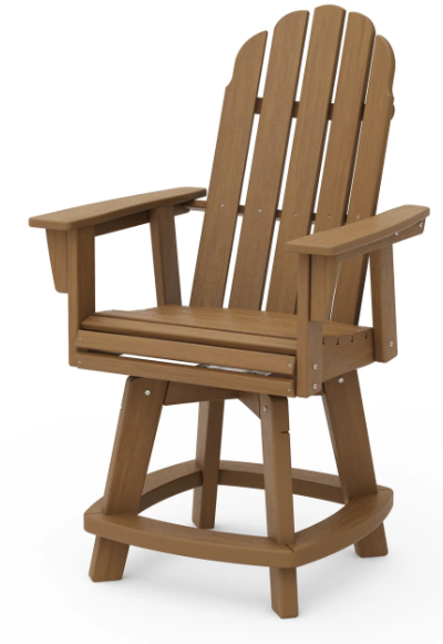A natural Adirondack-style counter and swivel chair with  arms designed for outdoor use.