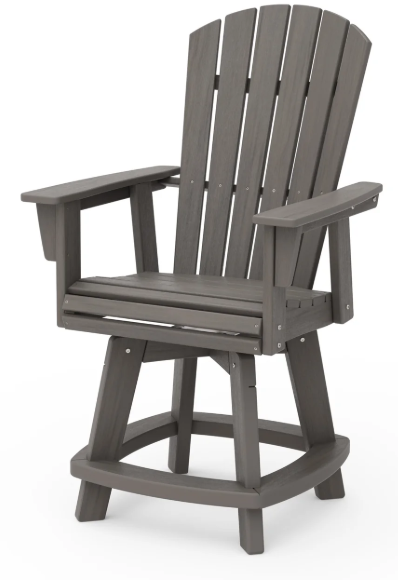 A driftwood Adirondack-style counter and swivel chair with curved back and arms, designed for outdoor use.