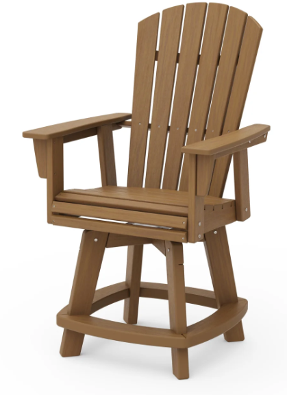 A natural Adirondack-style counter and swivel chair with curved back and arms, designed for outdoor use.