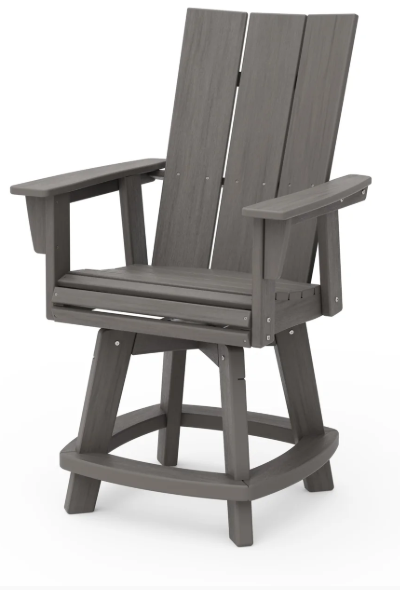 A driftwood Adirondack-style counter and swivel chair with curved back and arms, designed for outdoor use.