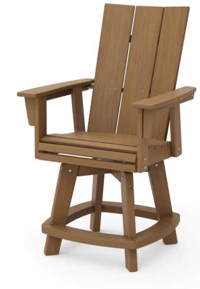 A natural Adirondack-style counter and swivel chair with curved back and arms, designed for outdoor use.
