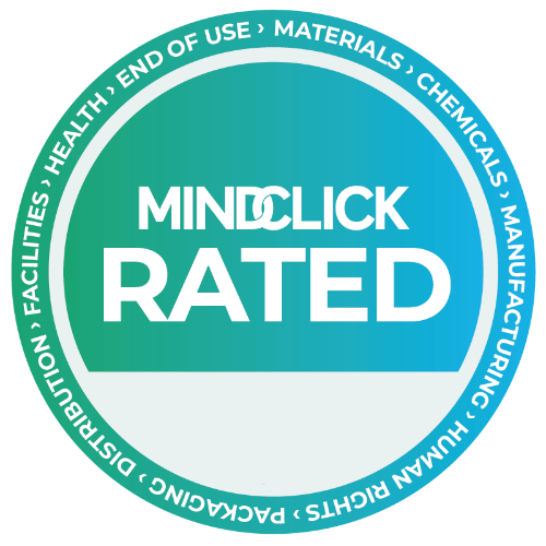 Circular 'MIND CLICK Rated' badge with text around the edge on a white background