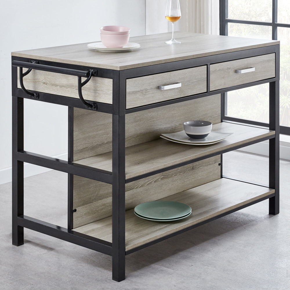Kitchen island with wooden top and shelves in a modern kitchen setting