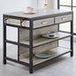 Kitchen island with wooden top and shelves in a modern kitchen setting