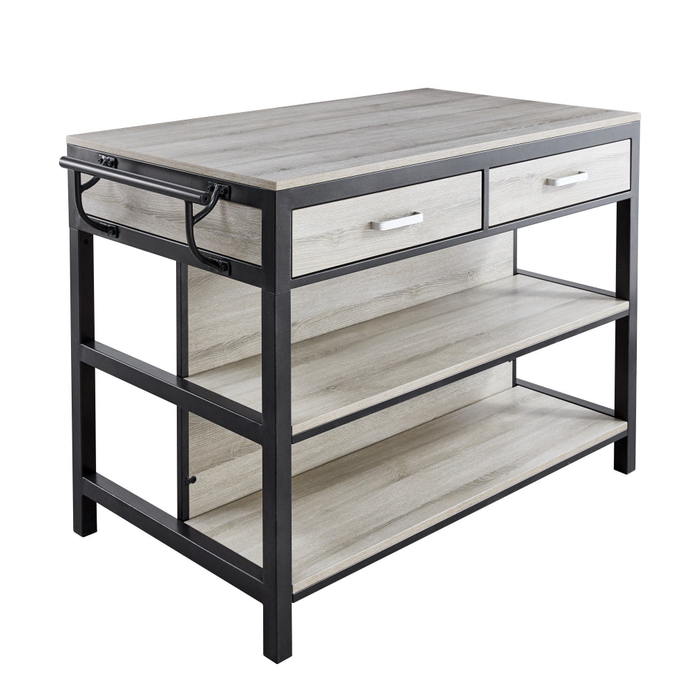 kitchen island with wooden top and shelves on a white background