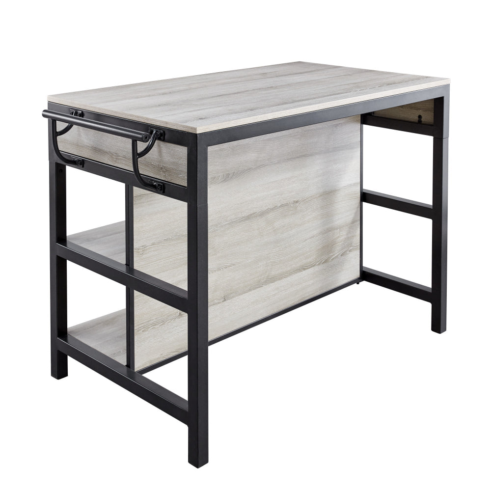 Wooden kitchen island with metal frame on a white background
