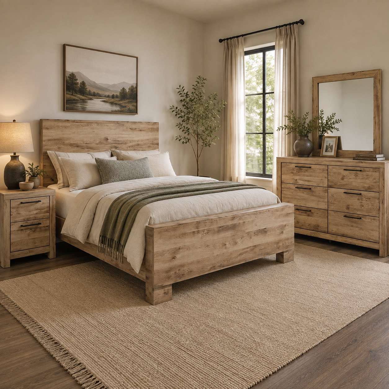 Hyanna Queen Panel Bed, Dresser, Mirror and Nightstand