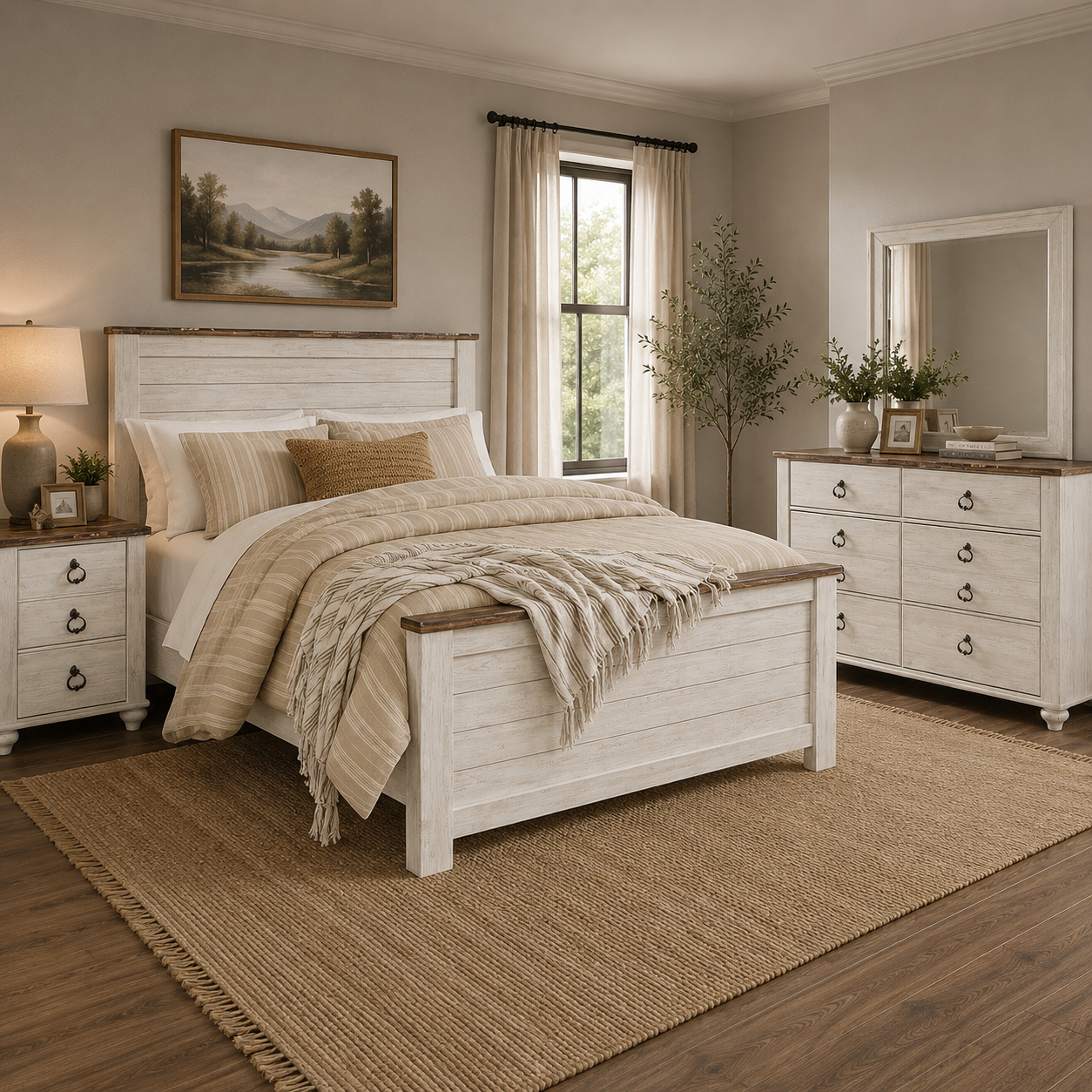 Willowton Queen Panel Bed with Mirrored Dresser and Nightstand