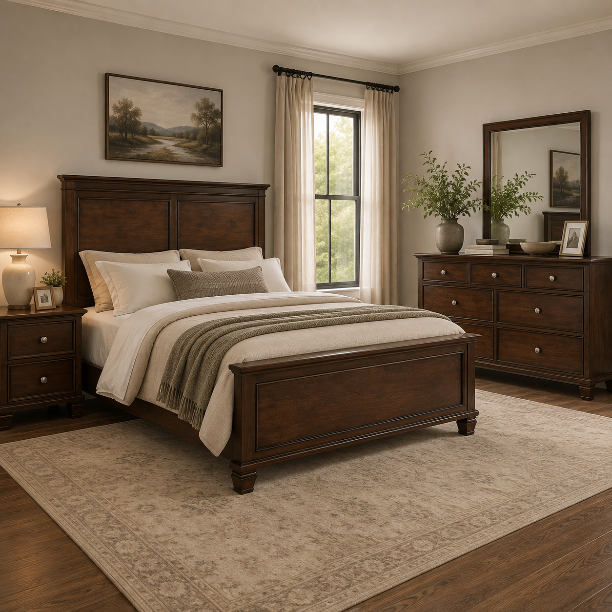 Danabrin Queen Panel Bed with Mirrored Dresser and Nightstand