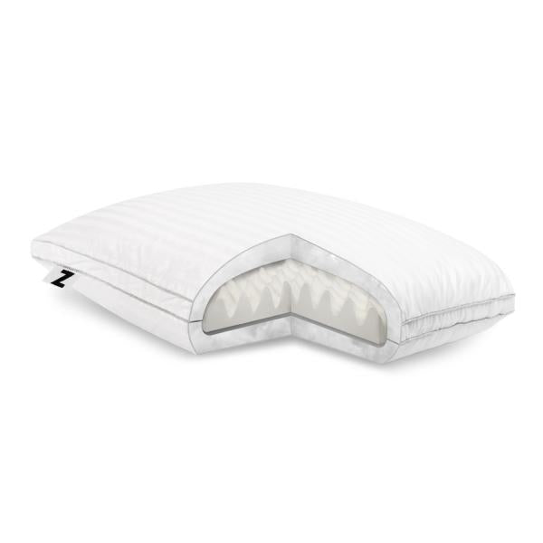 White pillow with a brand logo on a white background