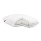 White pillow with a brand logo on a white background