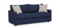 Blue sofa with striped cushions on a white background