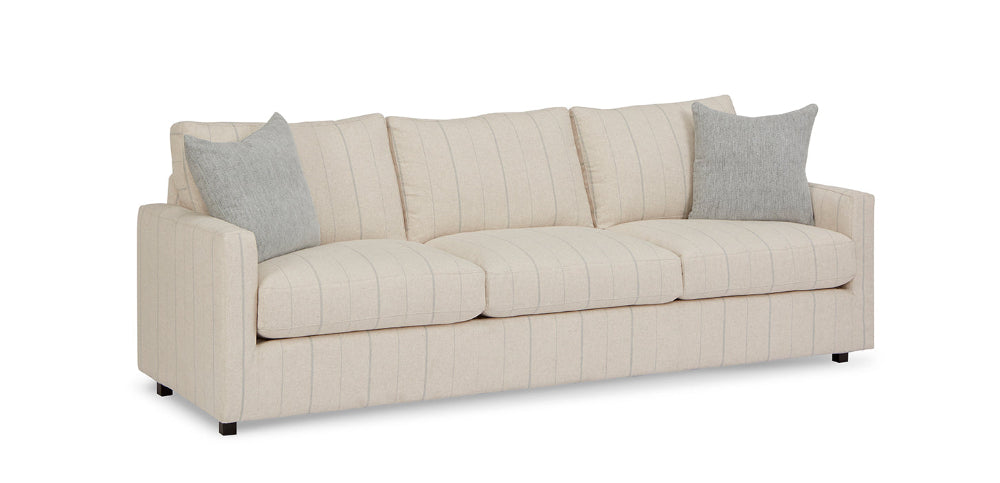 striped Beige sofa with gray cushions on a white background