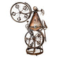 Decorative shelf designed like a vintage bicycle with wooden shelf and glass bottles.
