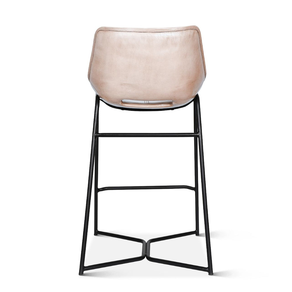 Bar stool with beige cushioned seat and black metal frame on a white background