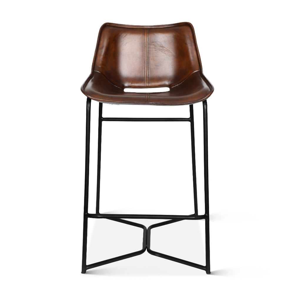 Brown leather bar stool with black metal frame on a white background