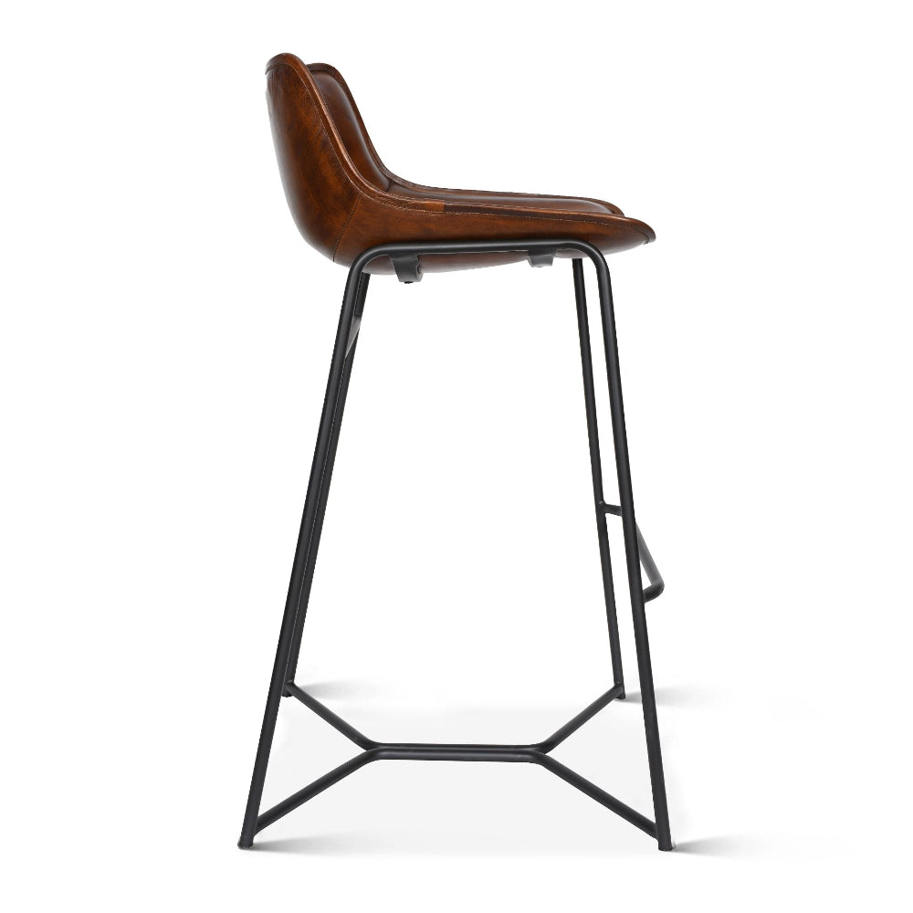 Bar stool with wooden seat and metal frame on a white background