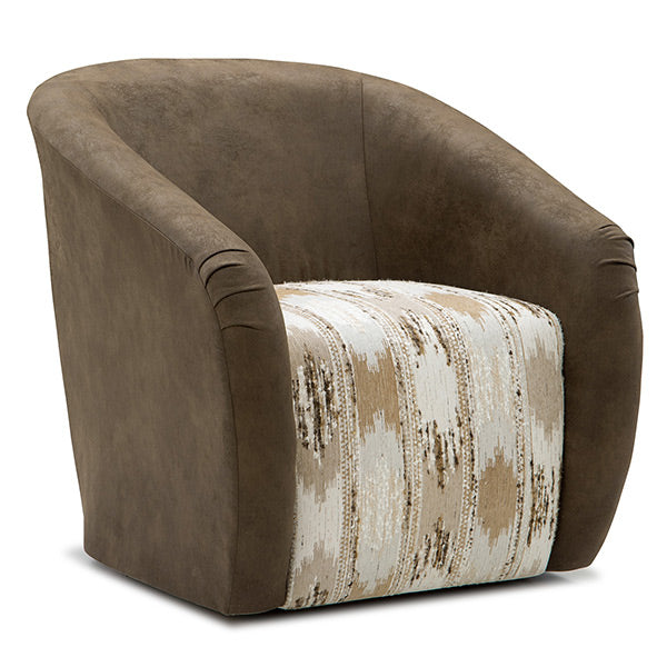 A modern barrel-style accent chair upholstered in dark brown suede-like fabric, featuring a textured cream and beige patterned seat cushion.