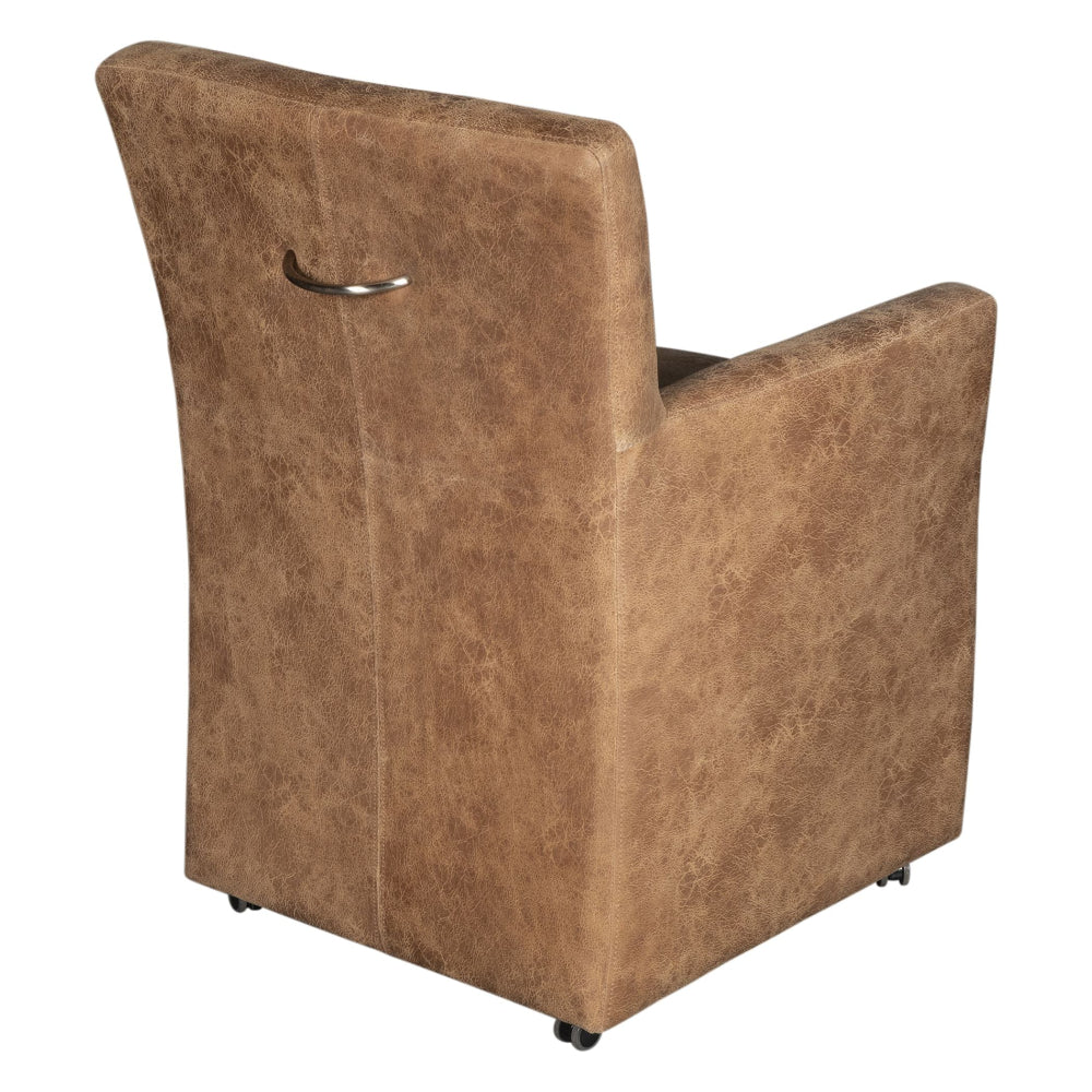Brown upholstered chair with a metallic handle on a white background