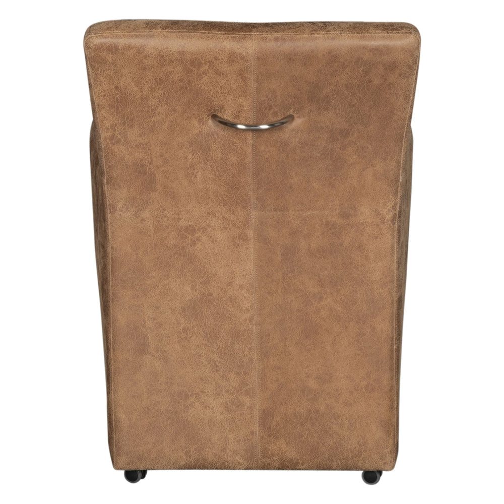 Brown leather ottoman with a handle on a white background