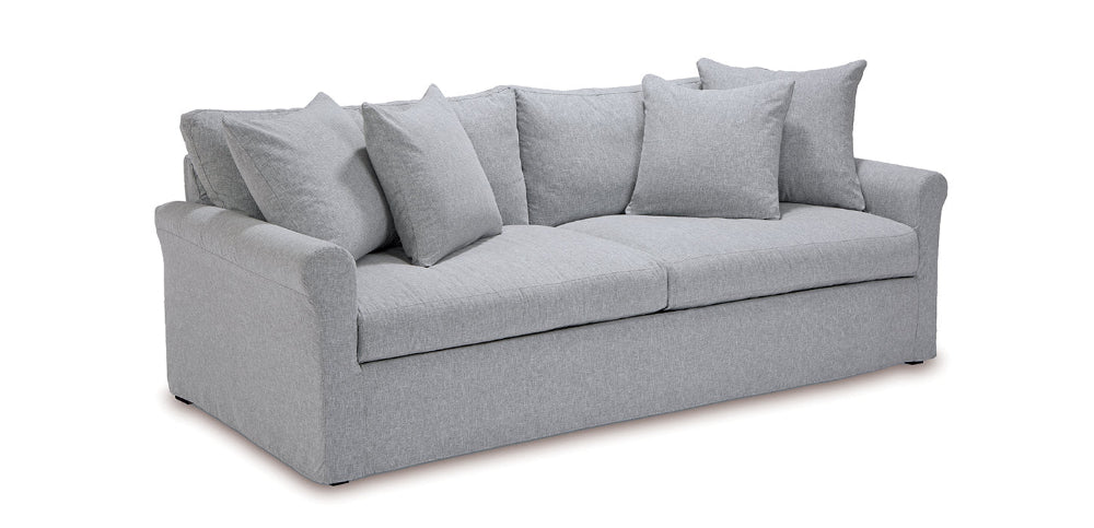 Gray sofa with cushions on a white background
