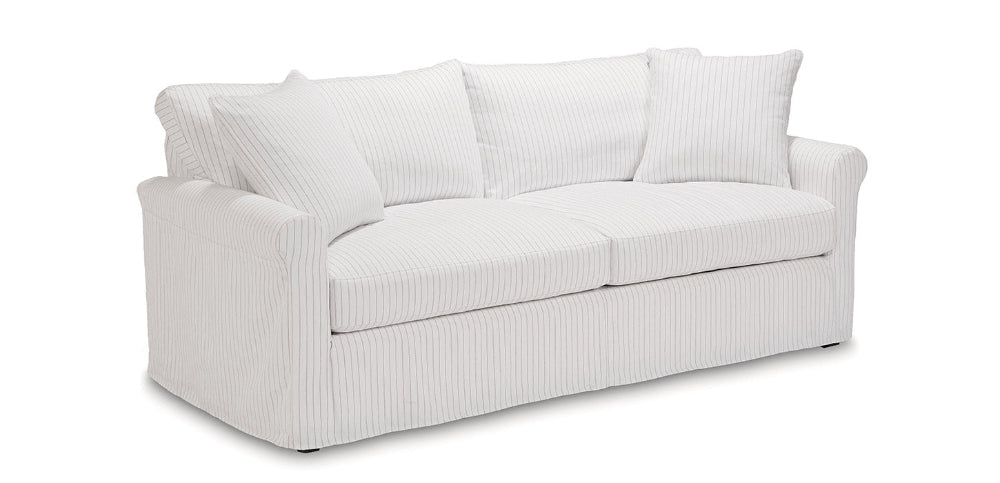 White sofa with striped pattern on a white background