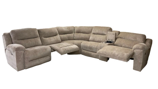 Beige sectional sofa with reclining seats on a white background