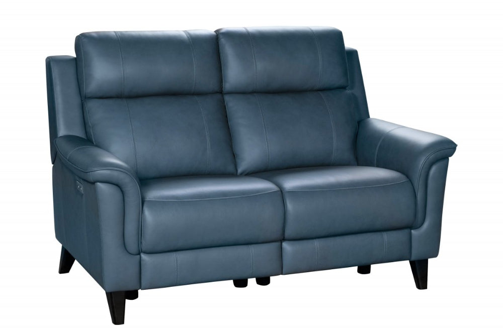 Blue leather power loveseat on a white background