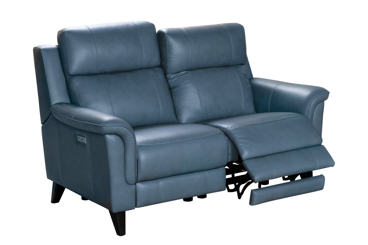 Blue leather reclining power loveseat on a white background