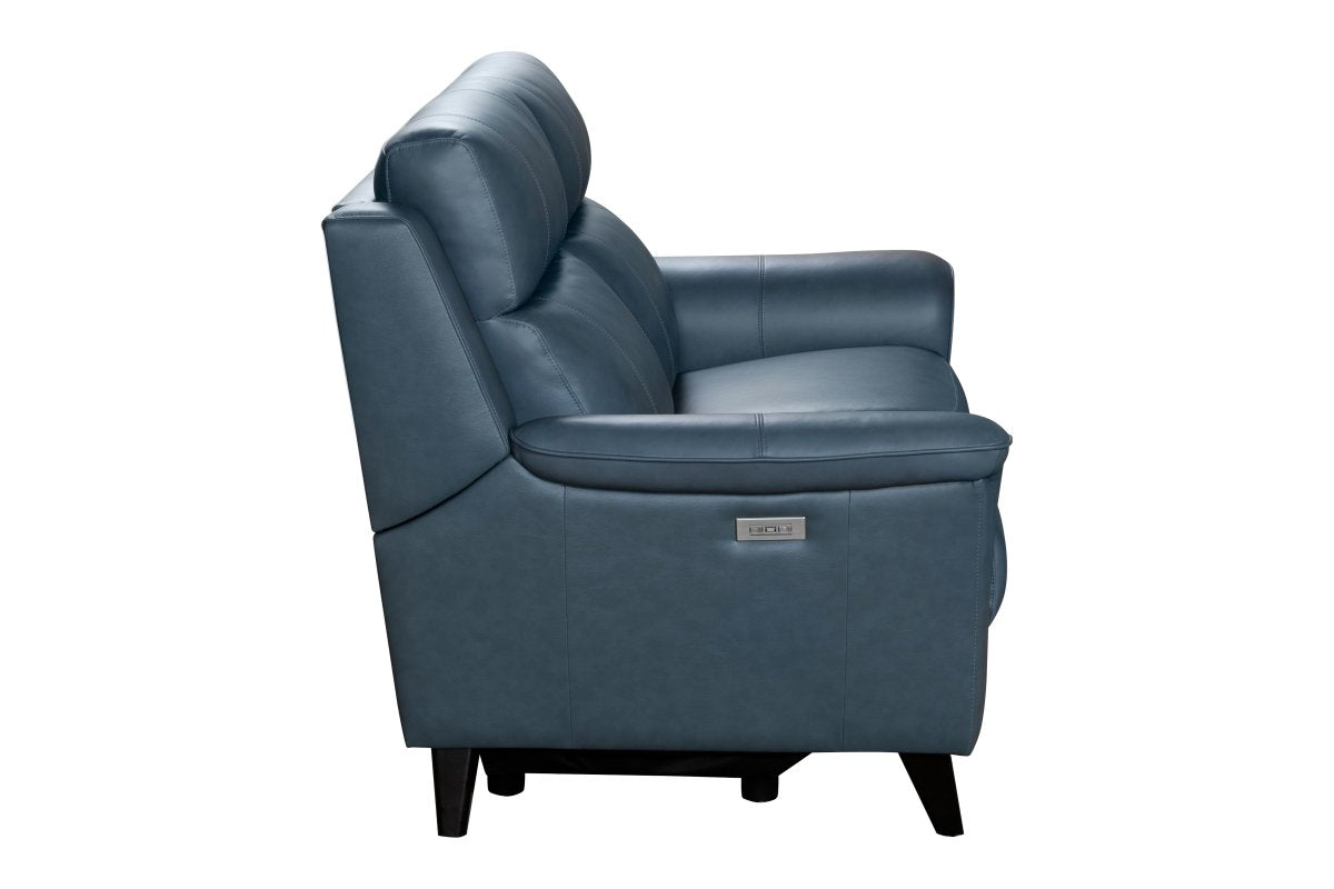 side view of blue leather power loveseat