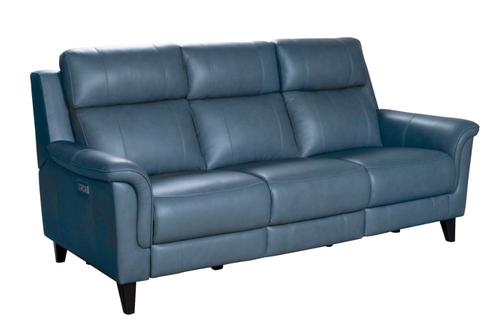 Blue leather power sofa on a white background