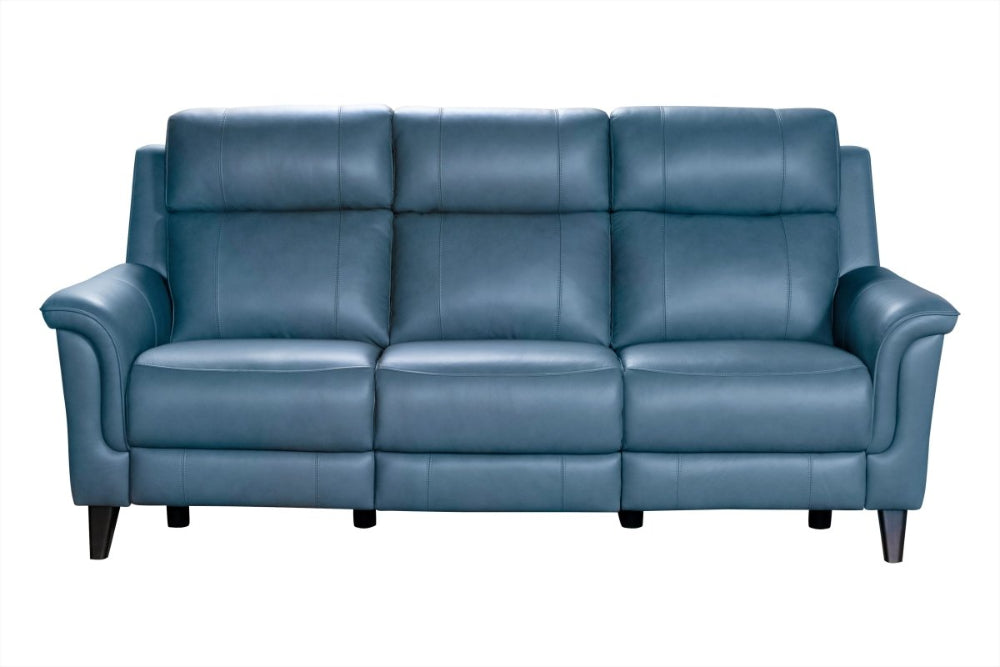 Blue leather power sofa on a white background