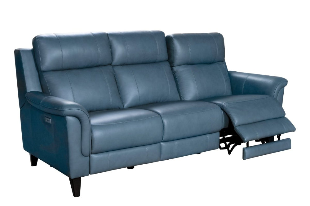 Blue leather power sofa with reclining feature on a white background