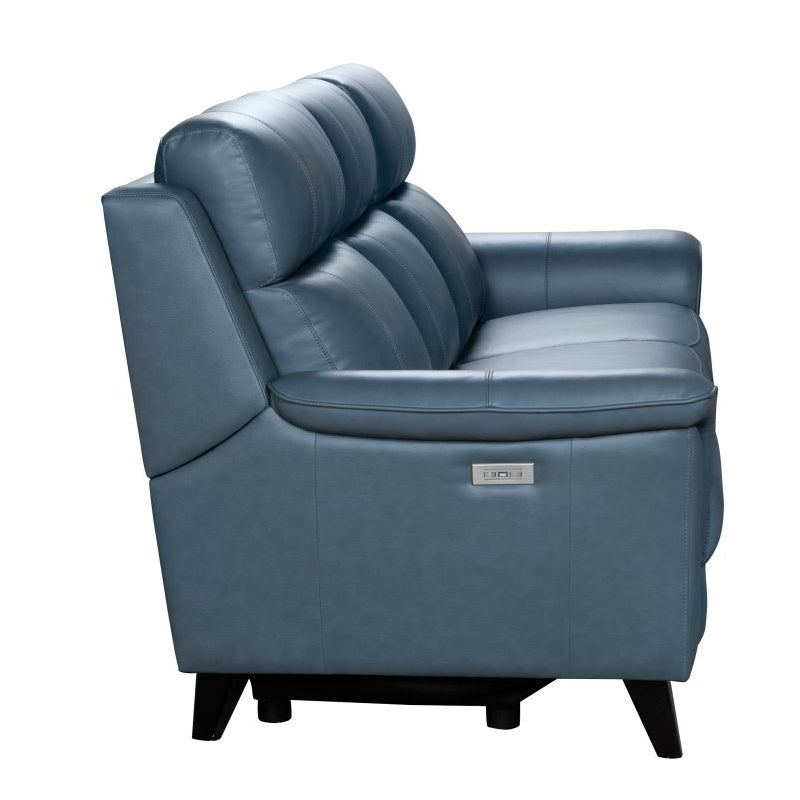 Blue leather power sofa on a white background