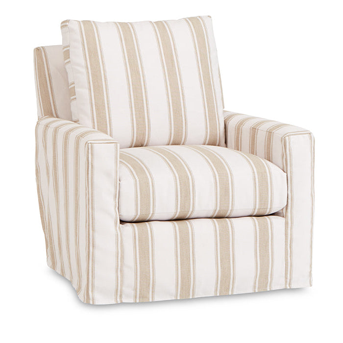 Striped armchair with beige and white stripes on a white background