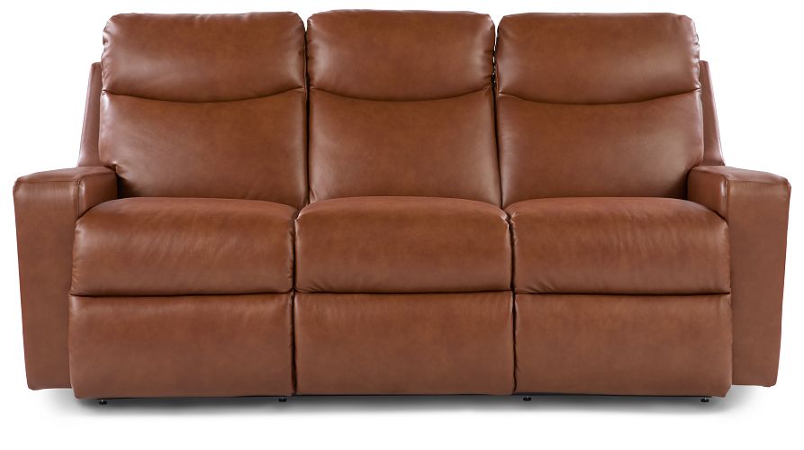 A brown leather reclining sofa with a sleek transitional profile, featuring cushioned seats and backrest, fully reclining seats, and track arms.