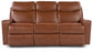 A brown leather reclining sofa with a sleek transitional profile, featuring cushioned seats and backrest, fully reclining seats, and track arms.