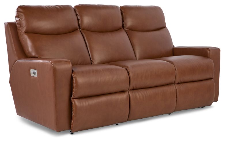 A brown leather reclining sofa with a sleek transitional profile, featuring cushioned seats and backrest, fully reclining seats, and track arms.